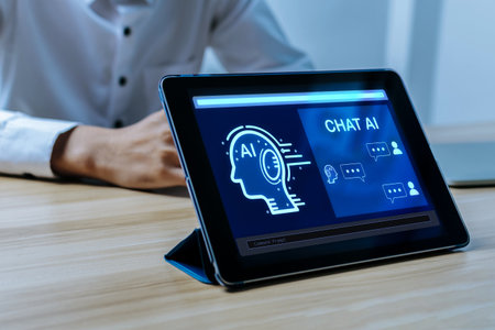 Ai technology. digital mobile tablet with AI chatbot virtual icon diagram with business man on desk, human resources, business development manager, futuristic technology, digital marketing conceptの写真素材