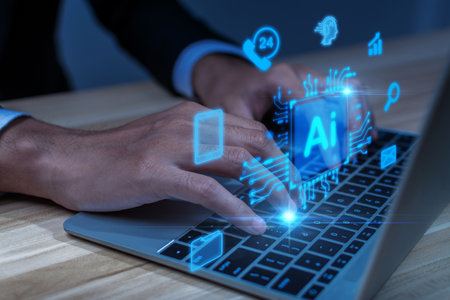 hand typing on laptop computer with holographic AI technology icons overlay. Concept of artificial intelligence, machine learning, data analysis, digital innovation, and future technology trendsの写真素材