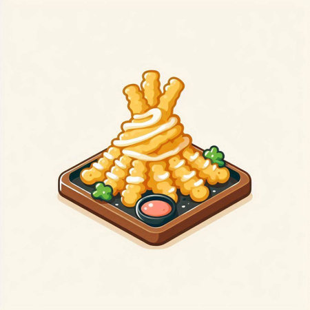 Isometric illustration of deep fried squid with ketchup and mayonnaiseのイラスト素材