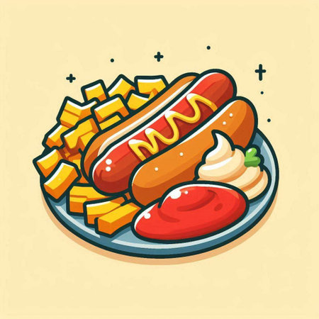 Illustration of a hot dog with fries and ketchup on a plate.のイラスト素材