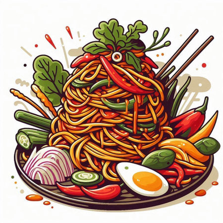 Illustration of a Chinese noodle with chopsticks and vegetables.のイラスト素材