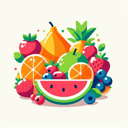Fruits and berries. Colorful vector illustration in flat style.のイラスト素材