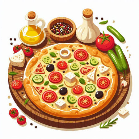 Pizza with mozzarella cheese, tomatoes, olives, peppers and olive oil. Vector illustrationのイラスト素材