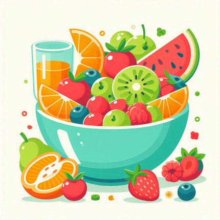 Fruit salad in a bowl. Vector illustration of a healthy food.のイラスト素材