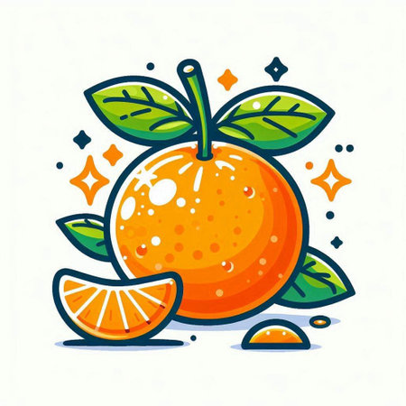Orange fruit with leaves and slices. Vector illustration isolated on white background.のイラスト素材