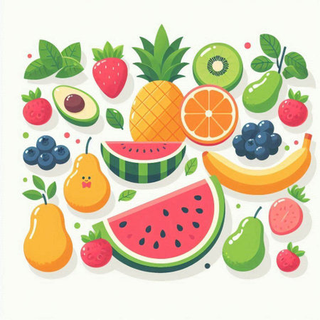 Healthy food background with fruits and berries. Vector flat illustration.のイラスト素材
