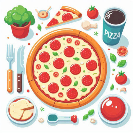 Pizza vector illustration, fast food pizza with pepperoni, tomato, mozzarella cheese, mozzarella cheese, mushrooms, basil, olive oil, tomato sauce.のイラスト素材