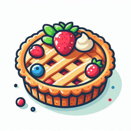 Illustration of a pie with strawberries and blueberries on a white background