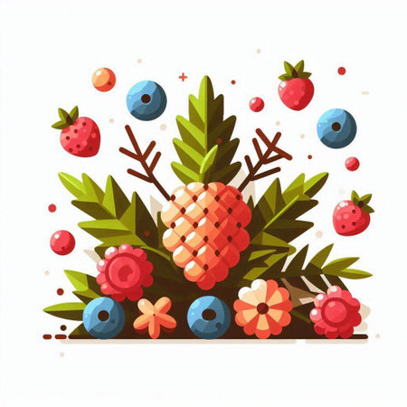 Pineapple, strawberry, blueberry, cherry, cranberry. Vector illustration.