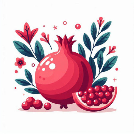 Ripe pomegranate with leaves and berries. Vector illustrationのイラスト素材