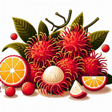 Tropical fruit rambutan and orange. Vector illustration.のイラスト素材