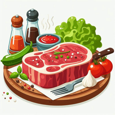 Raw beef steak with spices and vegetables on cutting board. Vector illustrationのイラスト素材