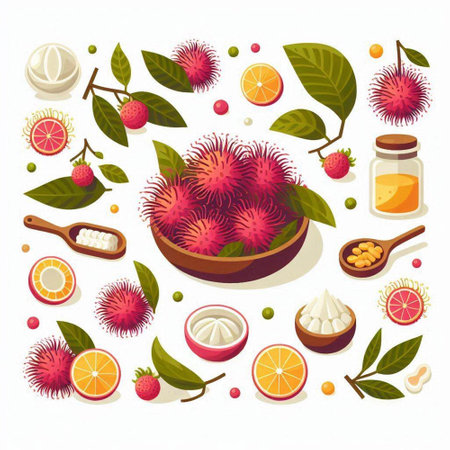 Rambutan fruit icon set. Rambutan is a tropical fruit.のイラスト素材