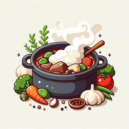 Cooking pot with vegetables and spices. Vector illustration in cartoon style.のイラスト素材