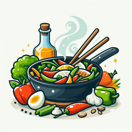 Vegetable stew in a pan with chopsticks. Vector illustration.のイラスト素材