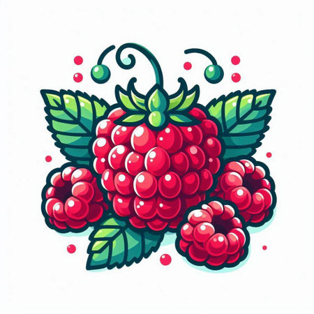 Raspberry vector illustration. Hand drawn raspberry with green leaves and berries.