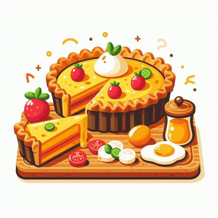Illustration of a pie with eggs, strawberries, cheese and jamのイラスト素材