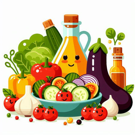 Vegetables in bowl with bottle of vegetable oil. Vector illustrationのイラスト素材