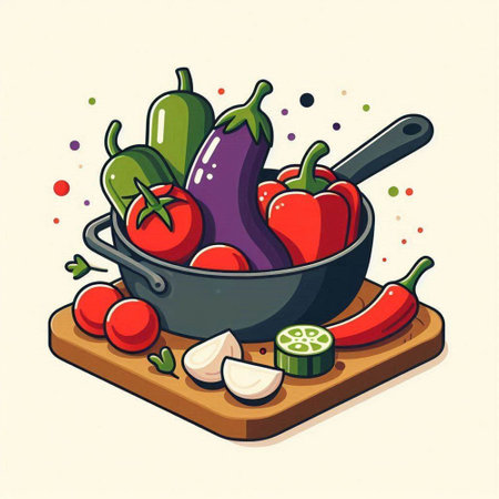 Vegetables in a pan on a wooden board. Vector illustration.のイラスト素材
