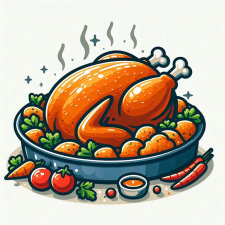 Roast chicken in a pan with vegetables. Vector illustration in cartoon style.のイラスト素材