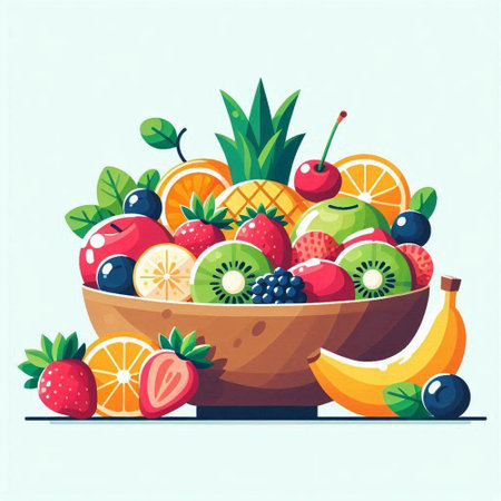 Fruit salad in a wooden bowl. Vector illustration in cartoon style.のイラスト素材