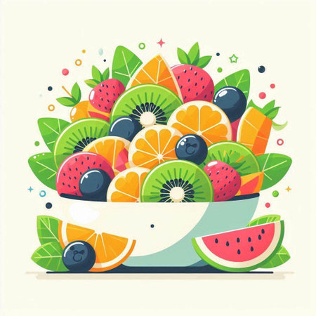 Fruit salad in a bowl. Vector illustration in flat style.のイラスト素材