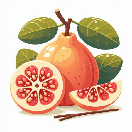 Whole and half guava fruit with leaves. Vector illustration.のイラスト素材