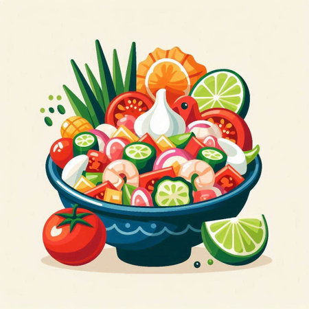 Vegetable salad in a bowl. Vector illustration in flat style.のイラスト素材