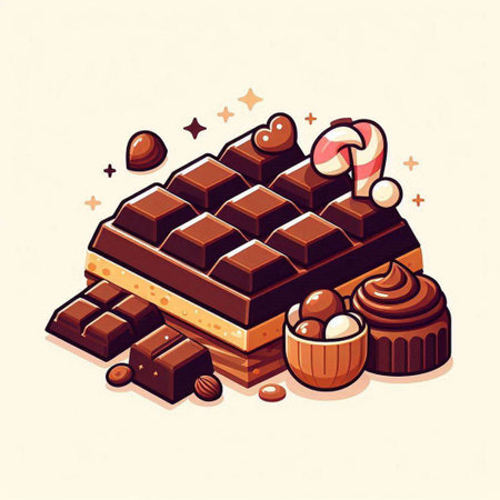 Vector illustration of chocolate bar with candies and caramel on white backgroundのイラスト素材