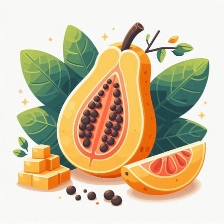 Papaya fruit with leaves and pieces of sugar. Vector illustration.のイラスト素材
