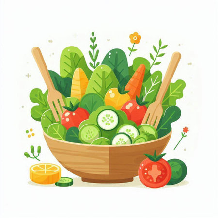 Vegetable salad in a wooden bowl. Healthy food. Vector illustration.のイラスト素材