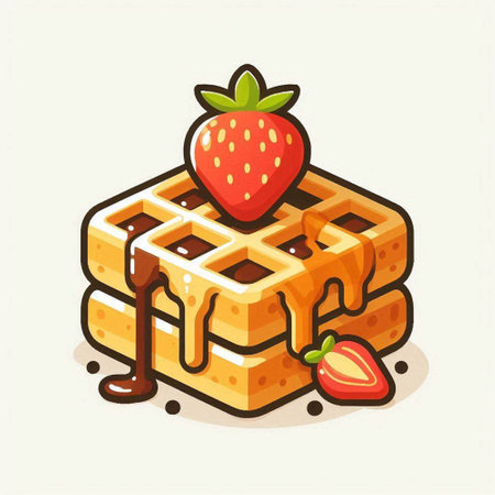 Belgian waffles with strawberry and chocolate syrup, vector illustration.のイラスト素材