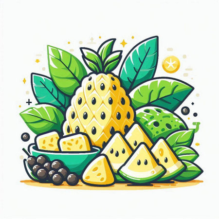 Pineapple fruit with leaves and watermelon slices. Vector illustration.のイラスト素材