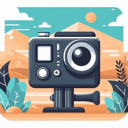 Vintage camera on the background of the mountains. Flat style vector illustration.のイラスト素材