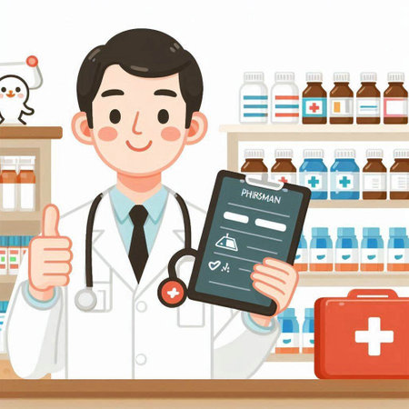 Illustration of a male pharmacist showing a clipboard with a prescriptionのイラスト素材