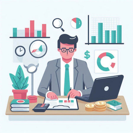 Businessman working at office. Vector illustration in flat cartoon style.のイラスト素材