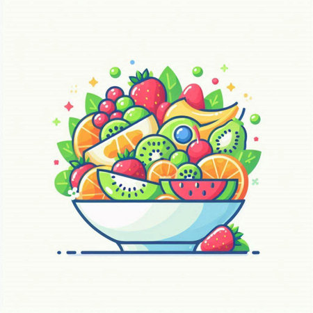 Fruit salad in a bowl. Vector illustration in flat style.のイラスト素材