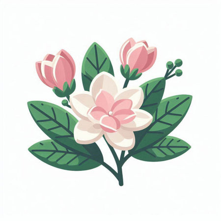 Bouquet of magnolia flowers with leaves. Vector illustration.のイラスト素材