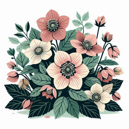 Bouquet of anemone flowers. Hand drawn vector illustration.のイラスト素材