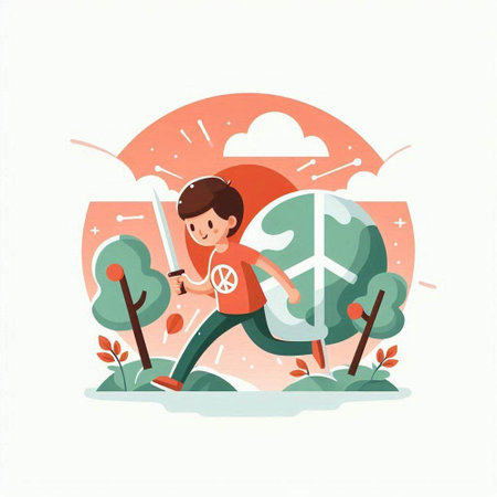 Boy with a sword in the park. Flat style vector illustration.のイラスト素材