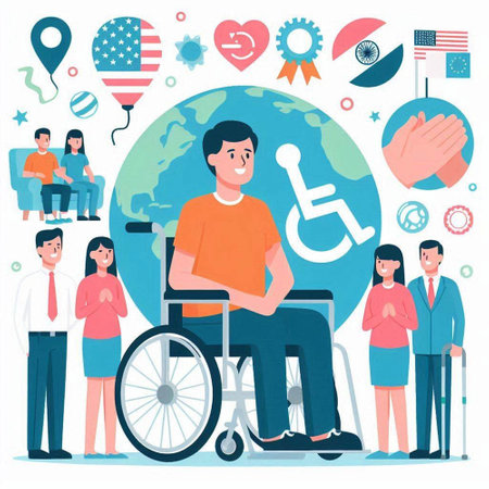 Disabled man in wheelchair with group of people vector illustration. Disabled man in wheelchair, people with disabilities, handicapped people concept.のイラスト素材