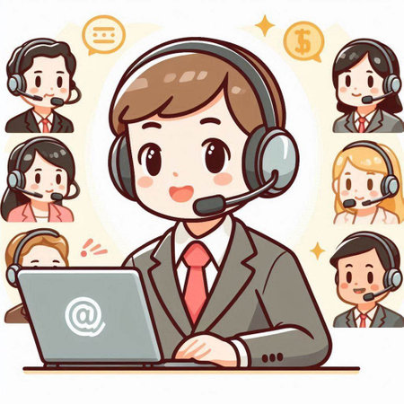 Call center operator with headset and laptop on white background, vector illustration.のイラスト素材