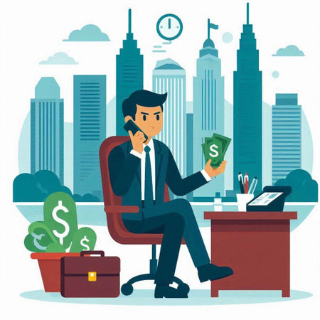 Businessman talking on the phone in the office. Vector flat illustrationのイラスト素材