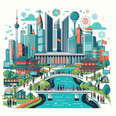 Modern city landscape. Vector illustration in line art style with buildings and street.のイラスト素材