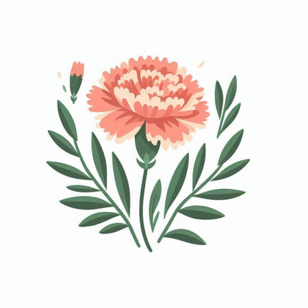 Carnation flower with green leaves. Hand drawn vector illustration.のイラスト素材