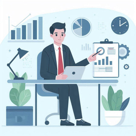 Businessman working on laptop at office. Vector illustration in flat styleのイラスト素材
