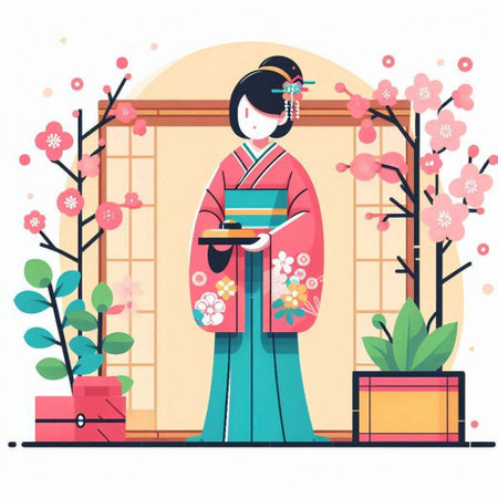 Japanese woman in kimono holding a gift box. Vector illustration.のイラスト素材
