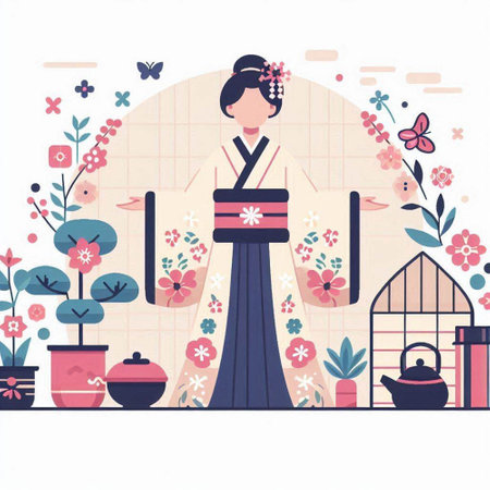 Vector illustration of Japanese woman in kimono with flowers. Flat style.のイラスト素材
