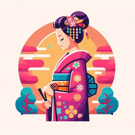 Japanese geisha in kimono with a brush in her hand. Vector illustrationのイラスト素材