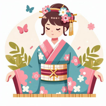 Japanese girl in a kimono with flowers, vector illustration.のイラスト素材